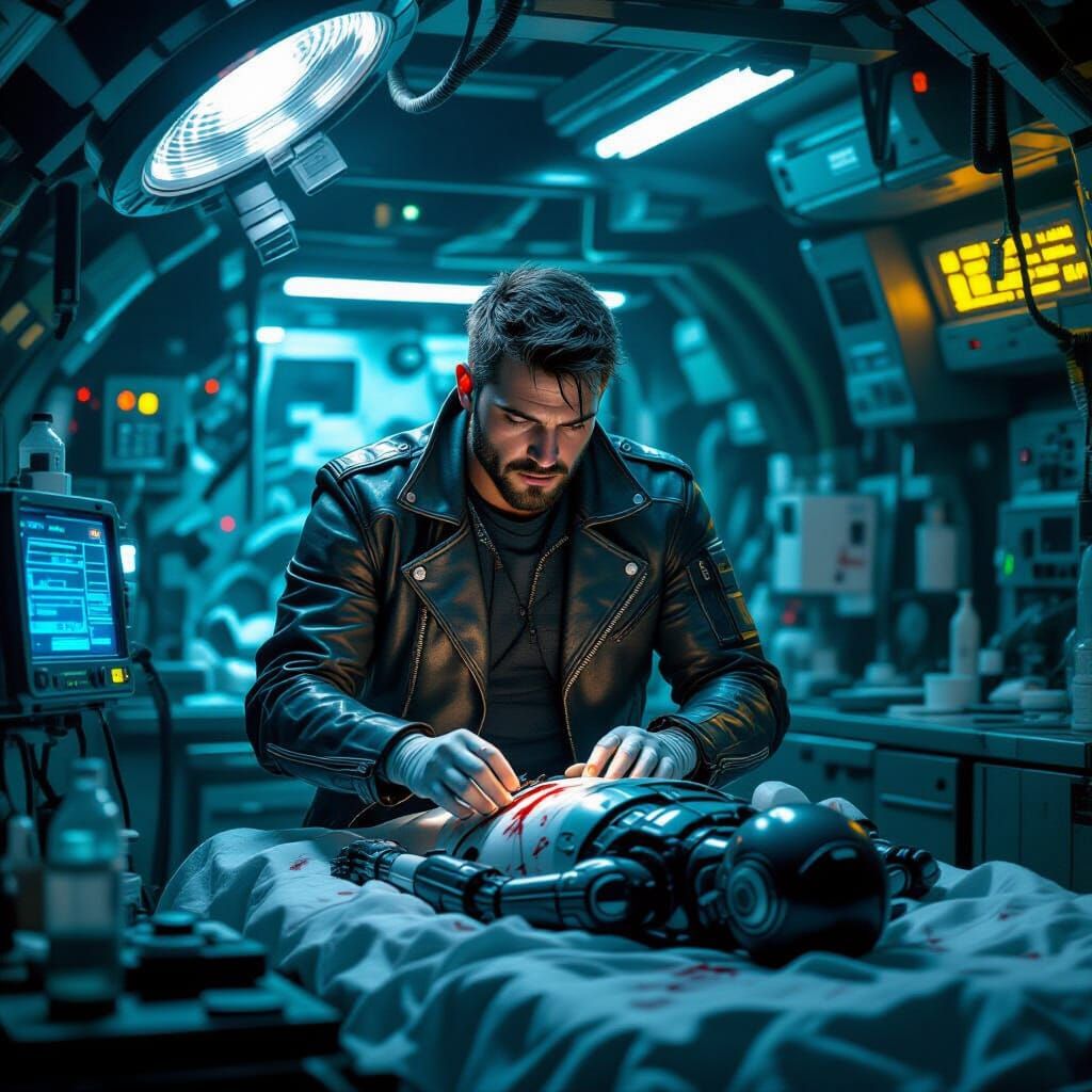 Cyberpunk Medic Tending Android in Neon Alley Clinic