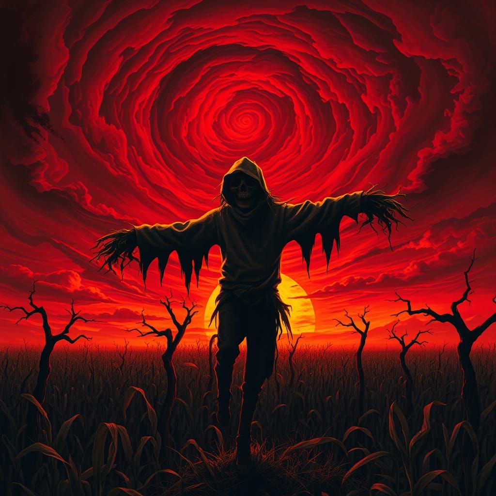 Gothic Scarecrow Silhouetted Against a Blood-Red Sunset in a...