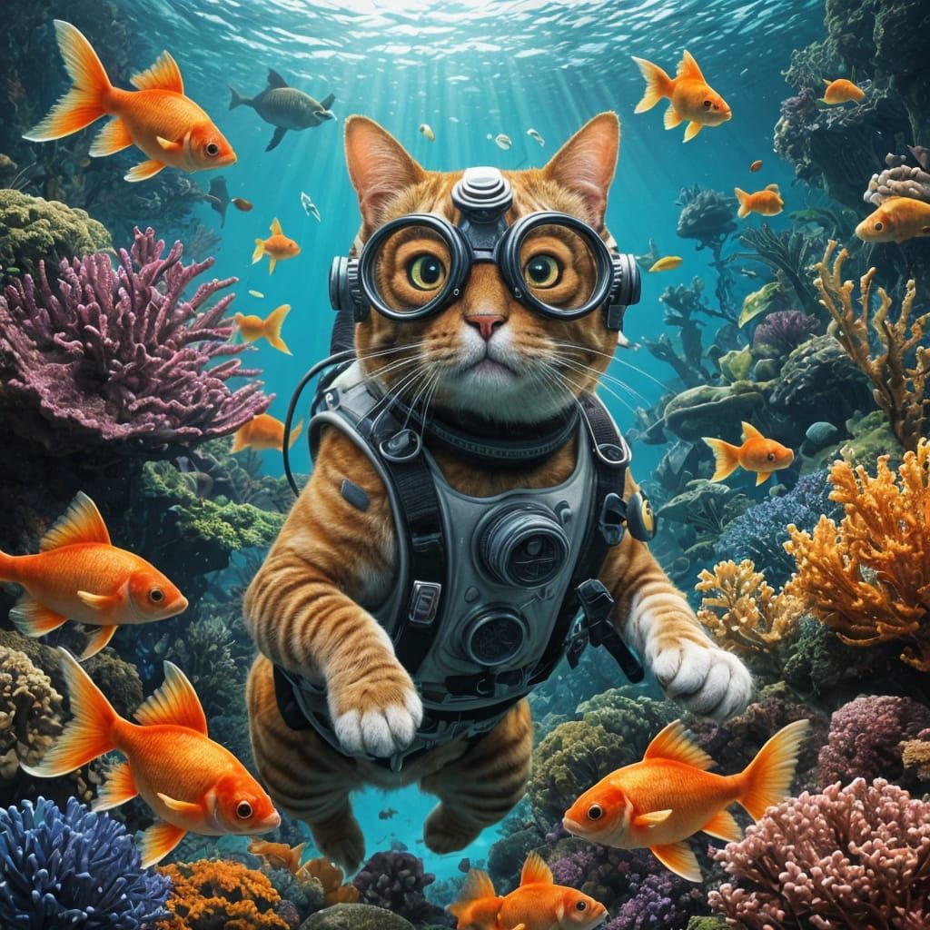 Whimsical Cat and Goldfish Underwater Adventure in Hyperreal...