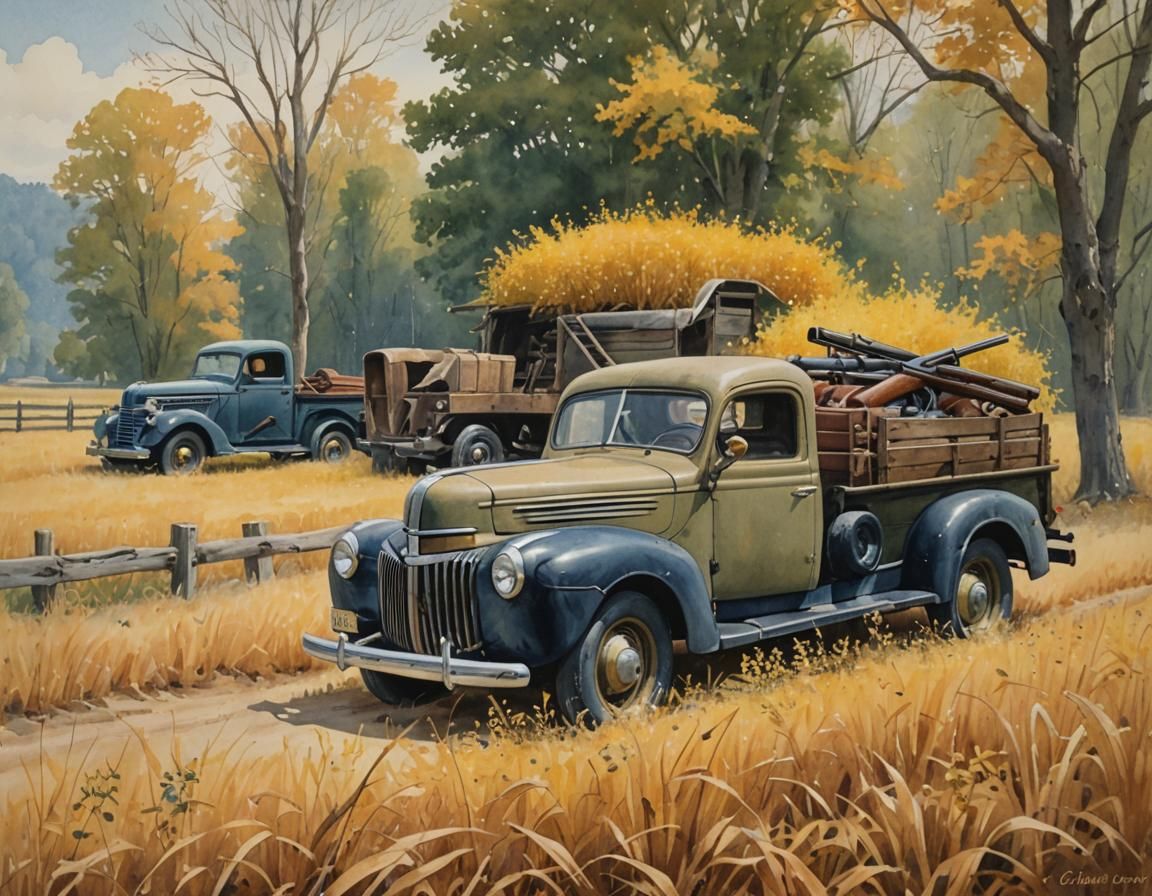 Vintage Ford Pickup in a Golden Field, a Watercolor Masterpi...