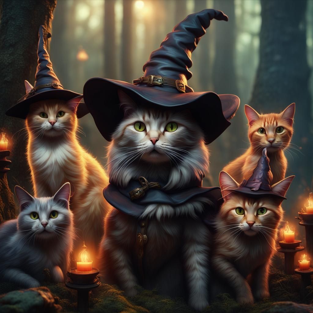 Majestic Cats in Enchanted Forest Wear Witch Hats