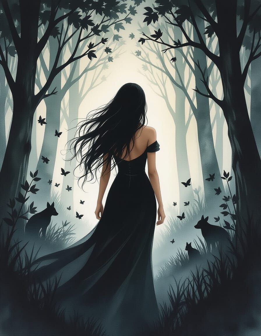 Dark Fantasy Woman in Melancholy Forest
