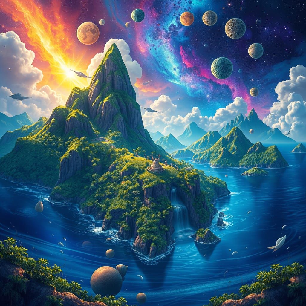 Lush Magical Island: Holographic Astral Illustration