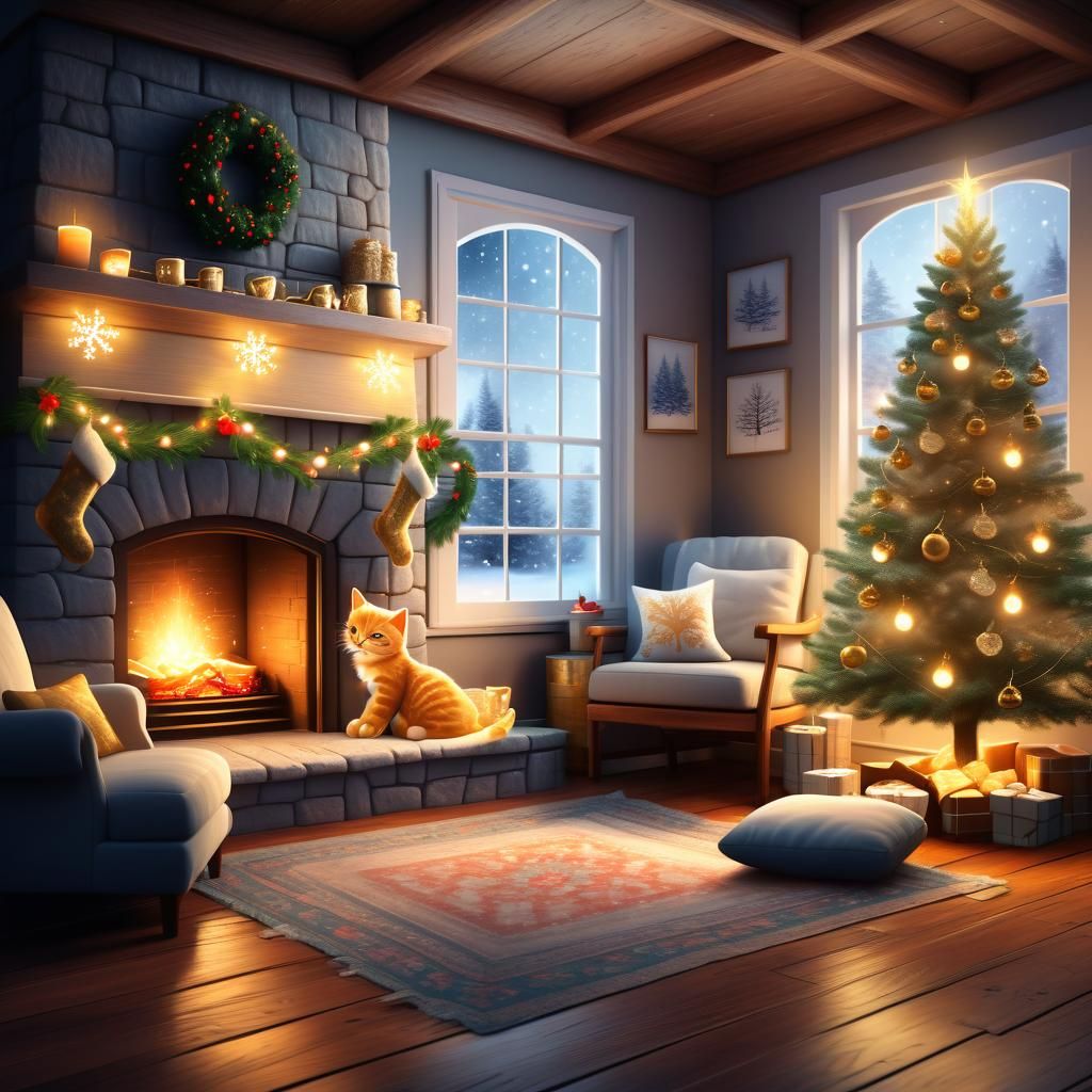 Cozy Winter Scene in Whimsical Digital Painting Style