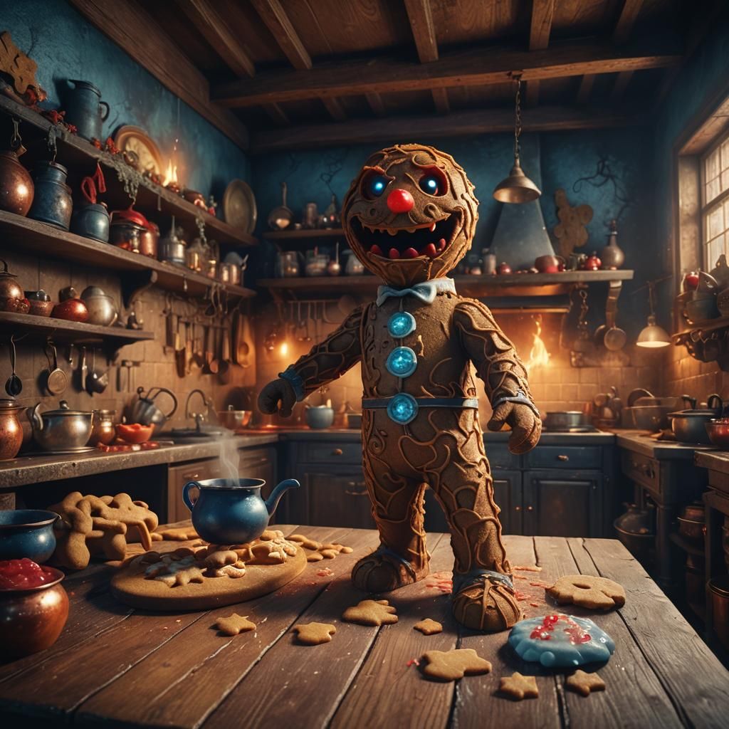 Ethereal Gingerbread Horror in a Gothic Kitchen