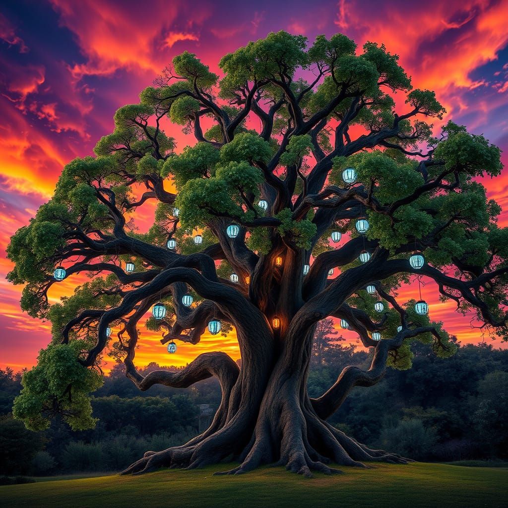 Ancient Oak Tree Illuminated by Vibrant Electric Sunset