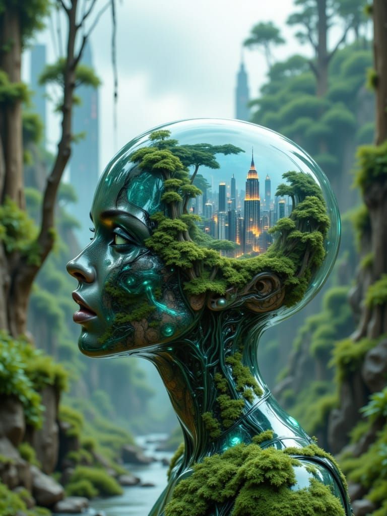 Cyberpunk Woman with Skull Dome: Forest & City Fusion