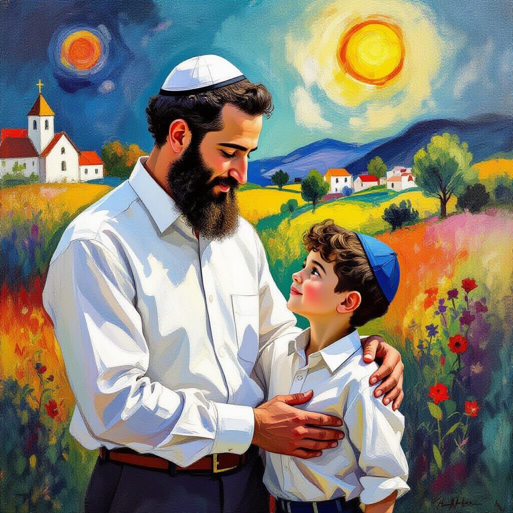 Father and Son in Expressive Abstract Landscape