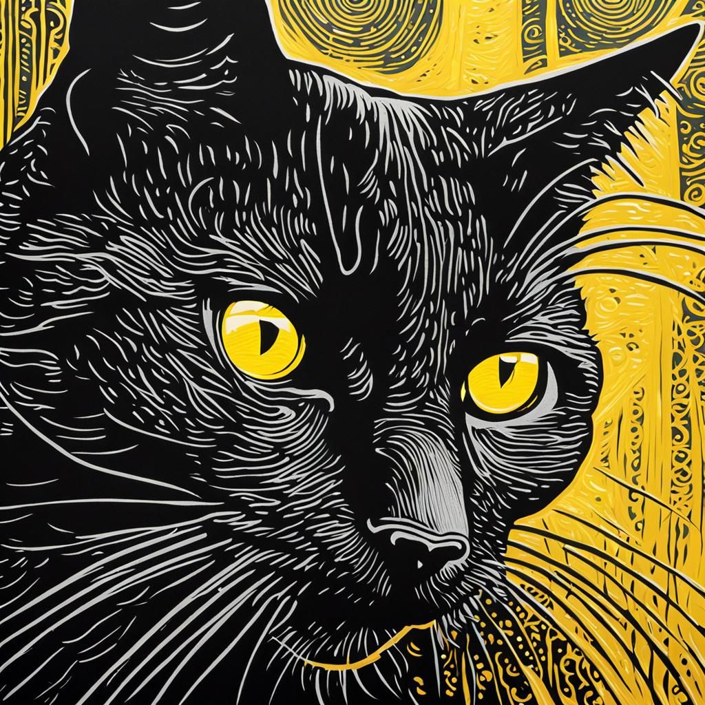 Realistic Black Cat Portrait with Vibrant Splash Art