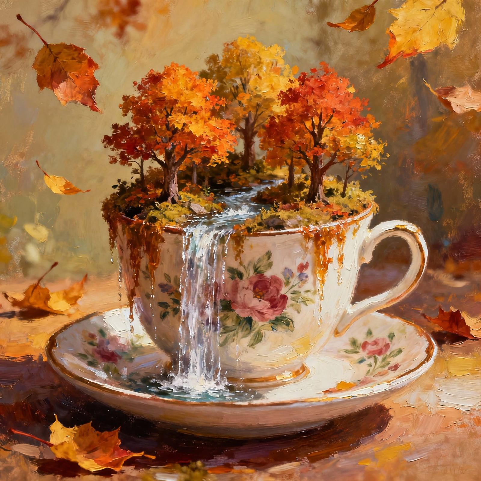 Autumn Waterfall Teacup Miniature World Oil Painting