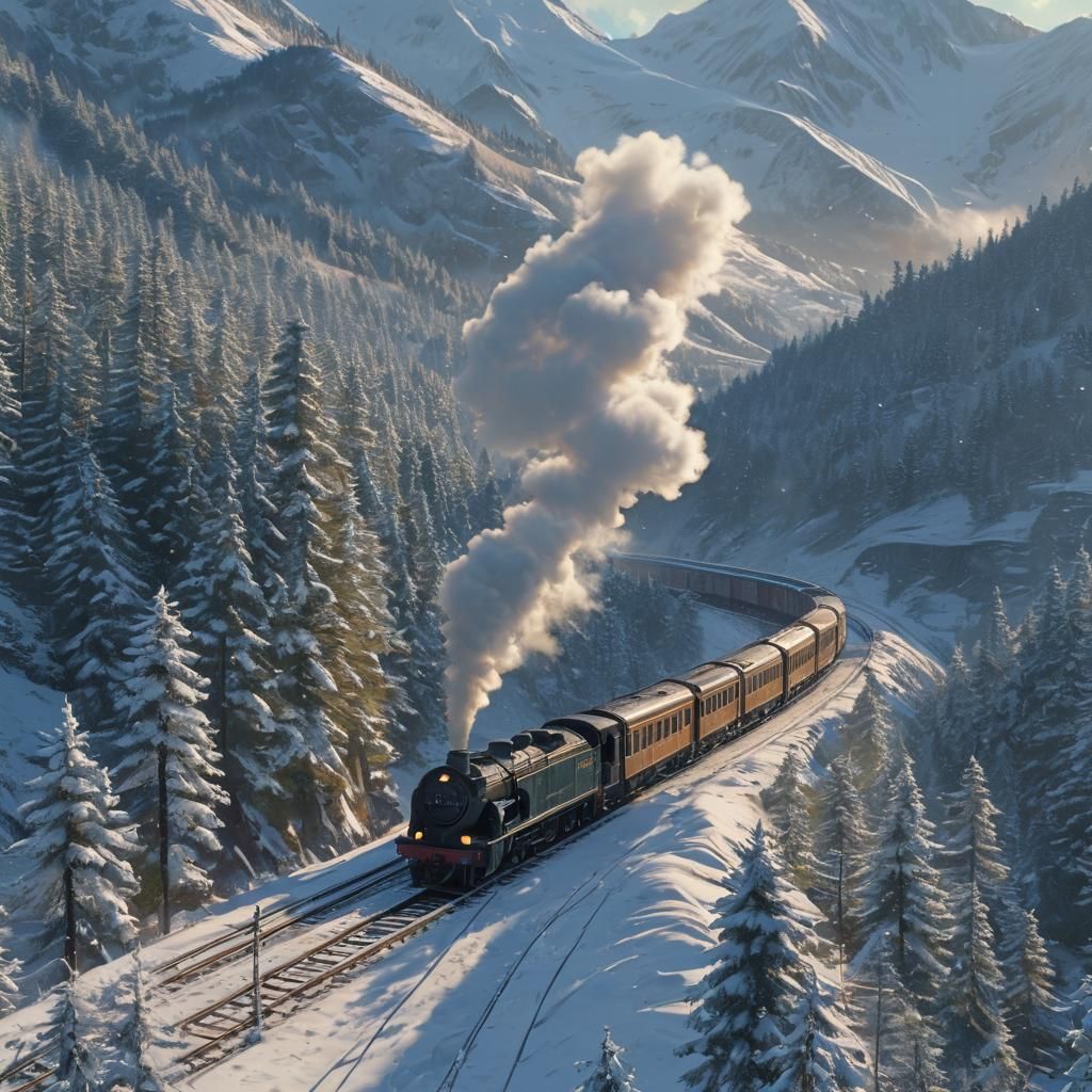 Steam Train Winds Through Snowy Mountains in Cinematic Reali...