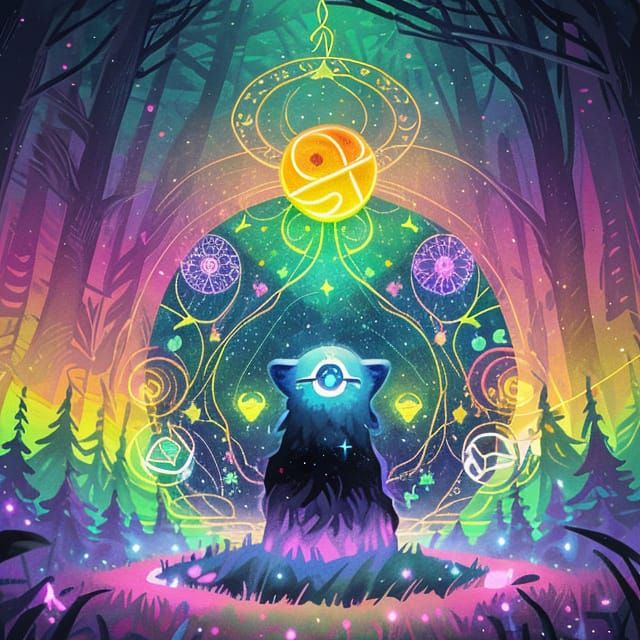 Sacred Geometry Eyes Radiate from Central Face in Neon Fores...