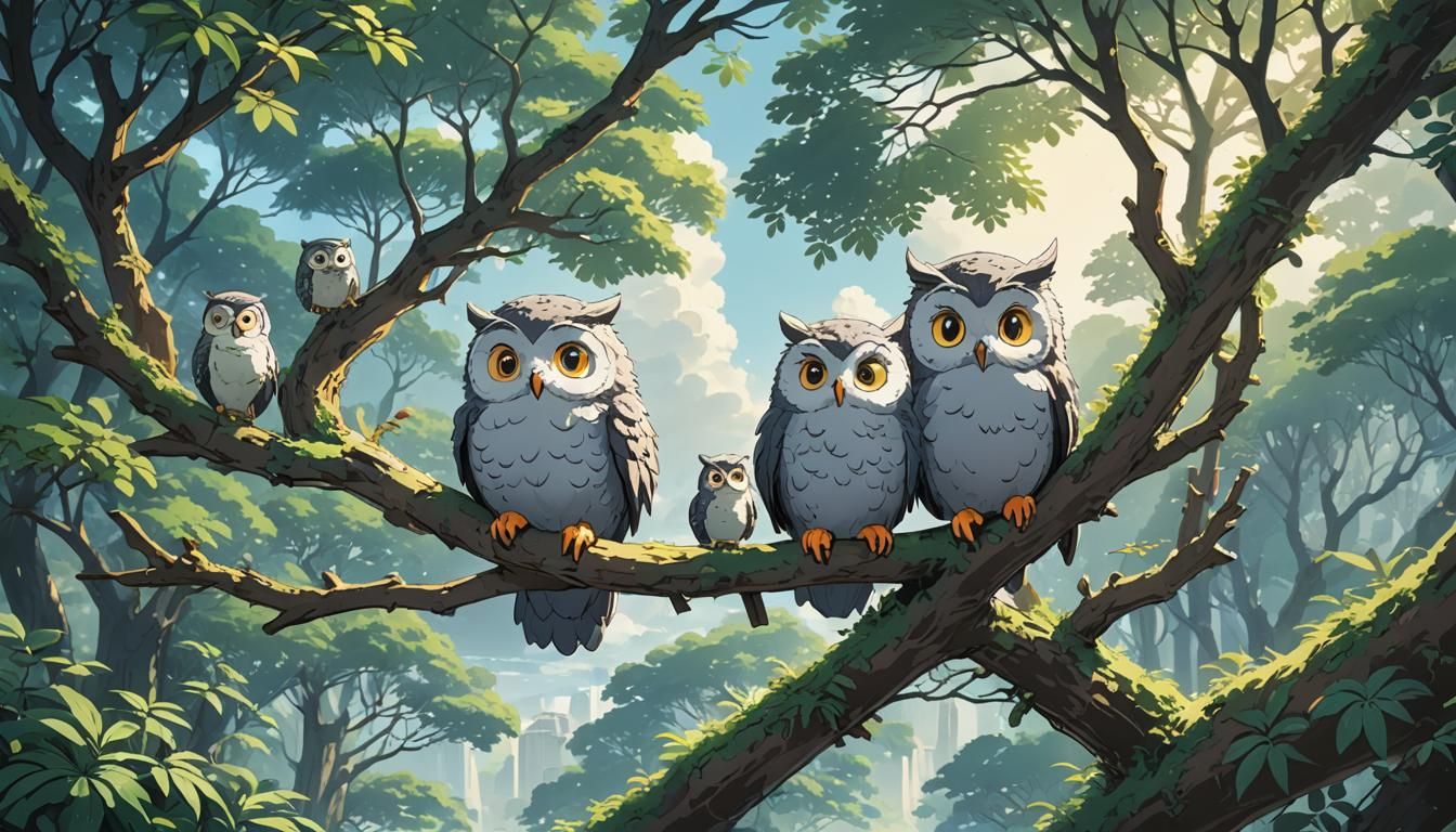Little Girl Smiles Among Colorful Ghibli-Inspired Owls