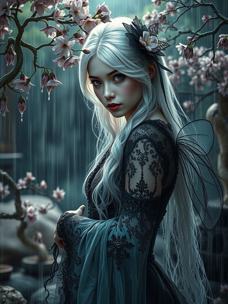 Ethereal Fairy in Victorian Attire Amidst Whispers of Cherry...