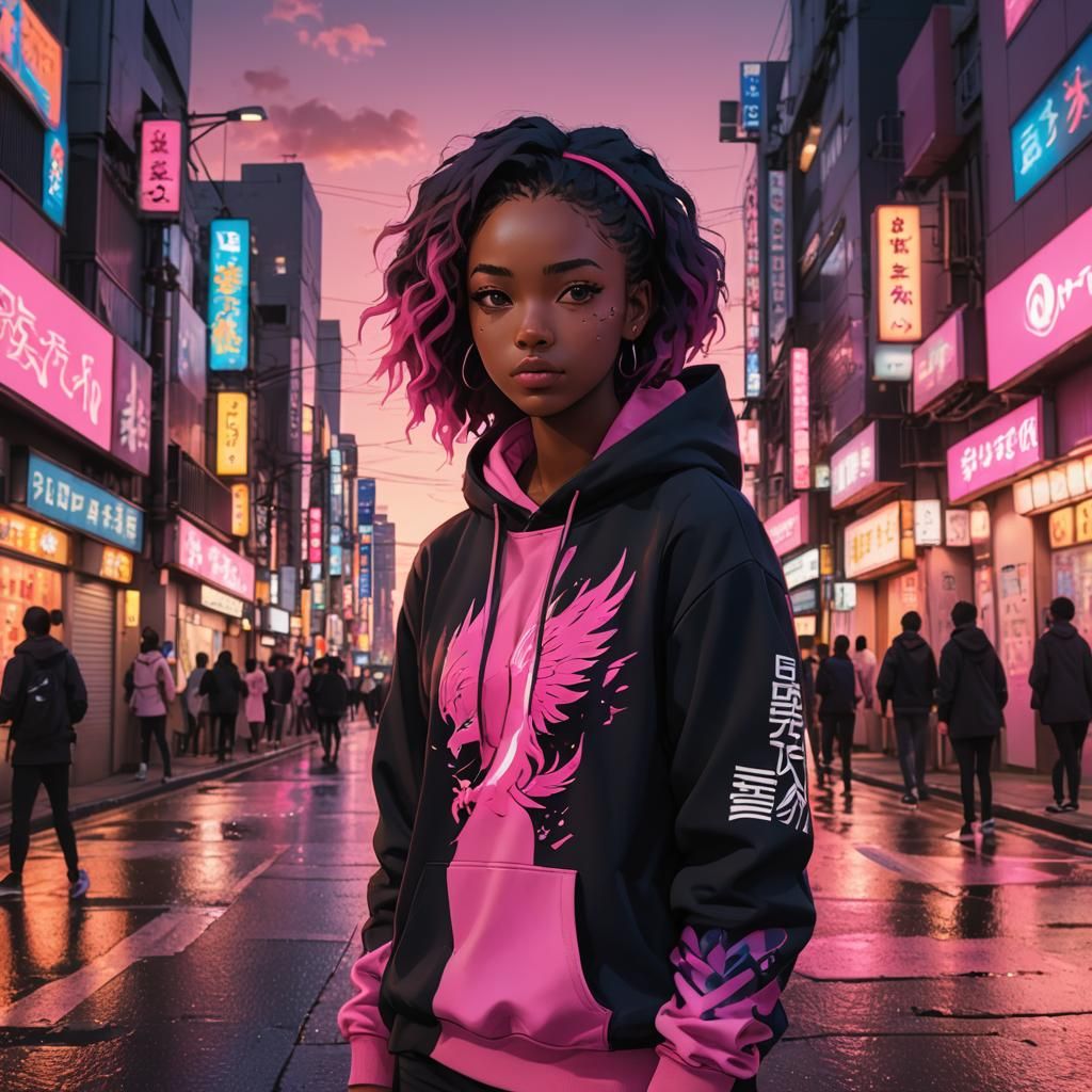 Confident Teenage Girl in Tokyo Cityscape at Sunset