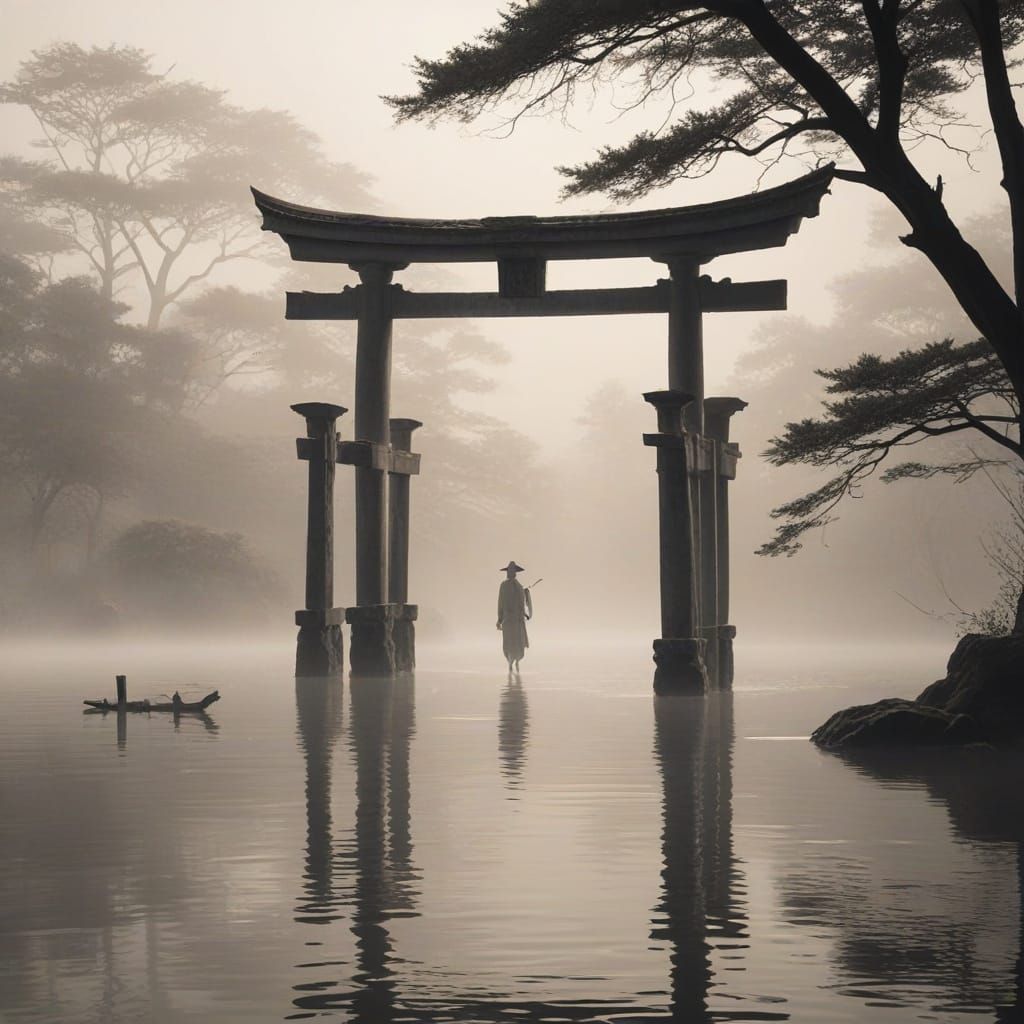 Torii Gate in Water, Japanese Ink Wash Style