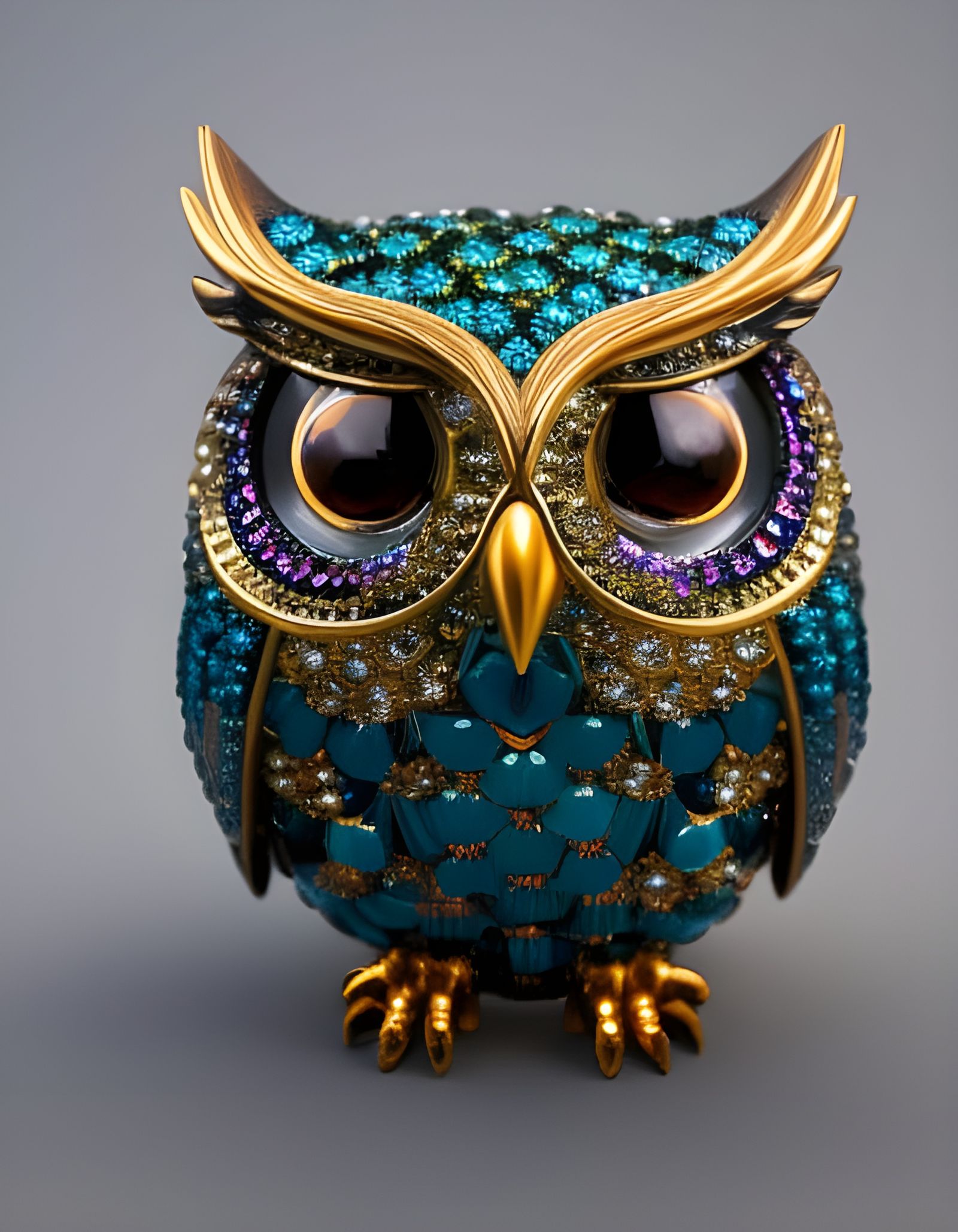 Hyperrealistic Art Deco Owl Statue in a Sparkling Forest