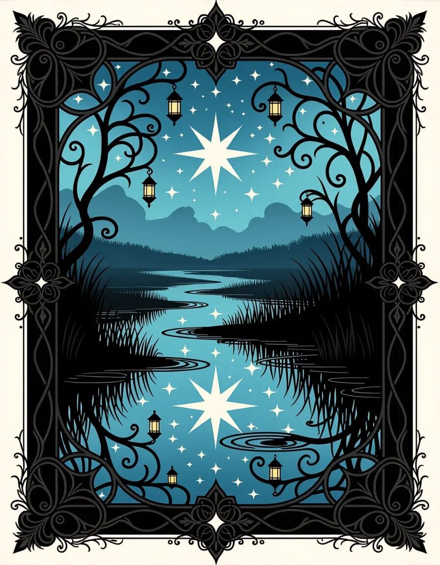 Dark Marsh Reflecting Starfield with Arabesque Borders