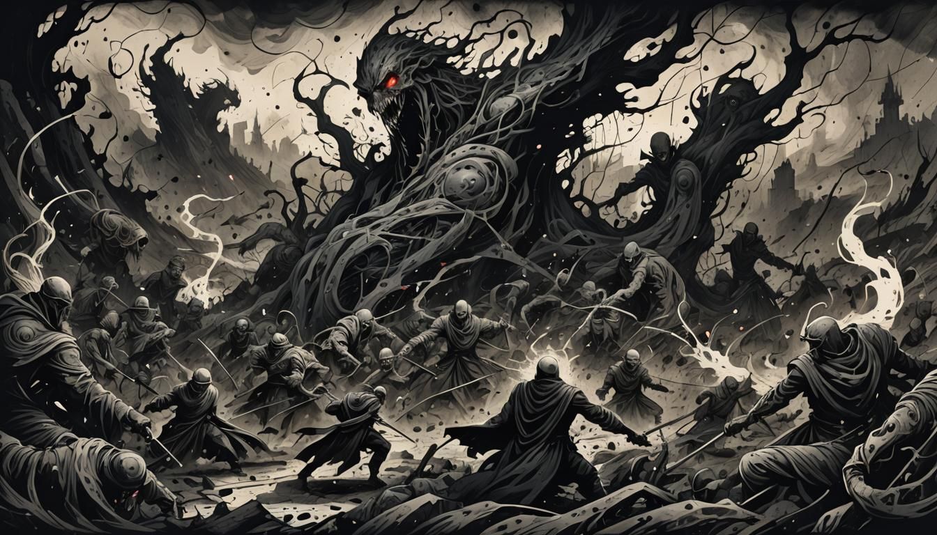 Gothic Battle Scene in a Dark, Ominous Expressionist Style