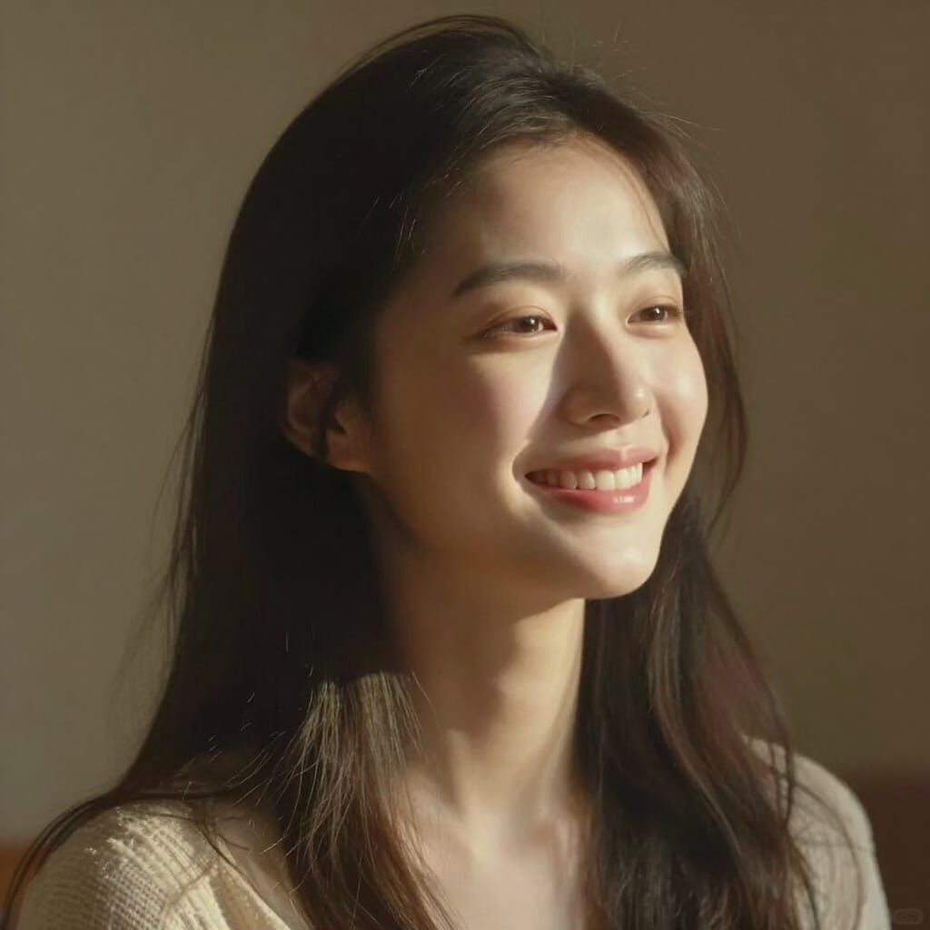 Serene Woman in Soft Light, Joyful Expression