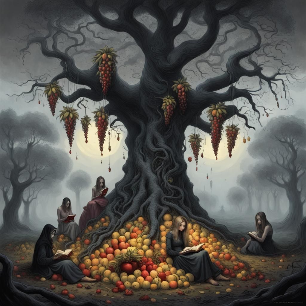 Twisted Tree of Dark Fruits in a Haunted Landscape