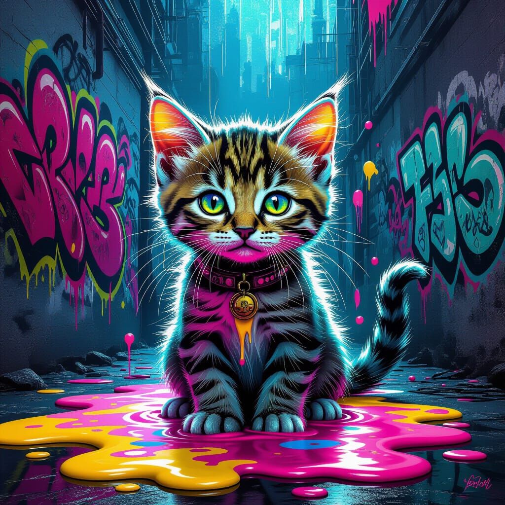 Steampunk Kitten in Play-Doh Graffiti, Neon Futurism