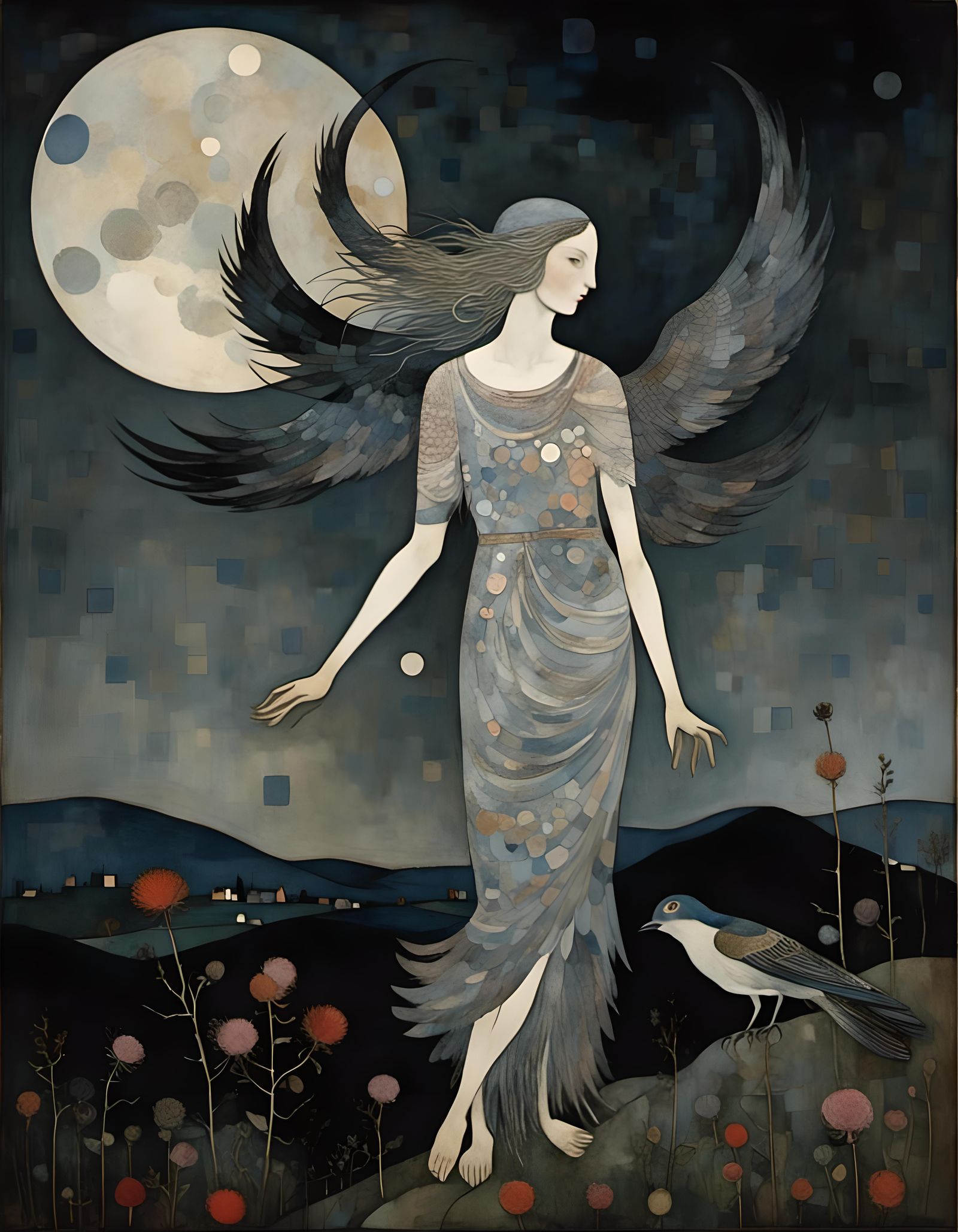 Mysterious Women with Raven Wings in a Dark, Gothic Landscap...