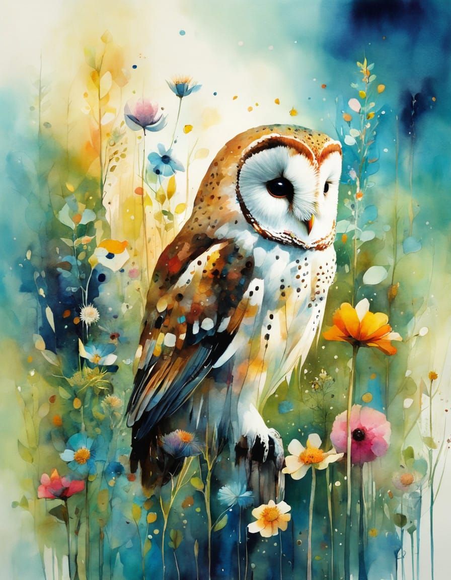 Abstract Surreal Wildflower Illustration with Watercolor Owl