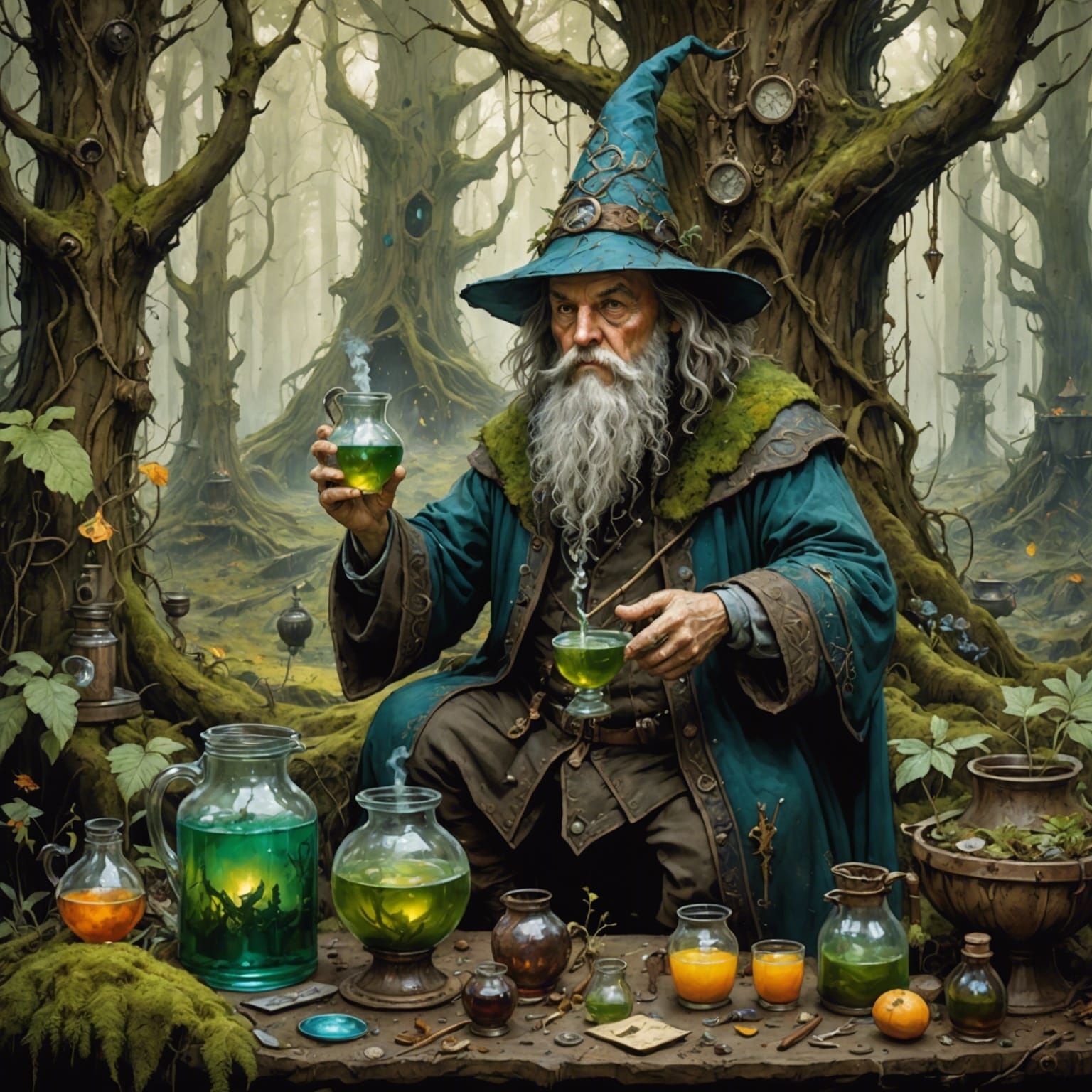 a wizard brewing potions in a hidden forest
