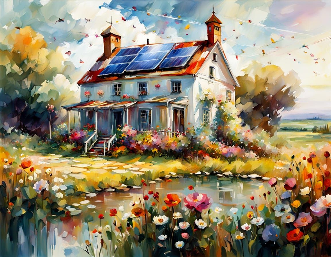 Vibrant Solarpunk Haven with Cat and Wind Turbine