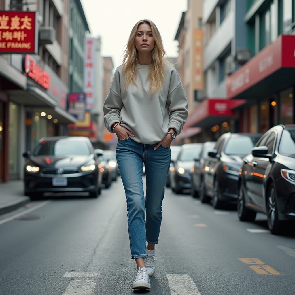 Hyper Realistic Photo of Woman on Busy City Street