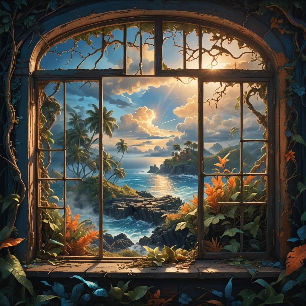 Enchanted Island Oasis Through Weathered Window