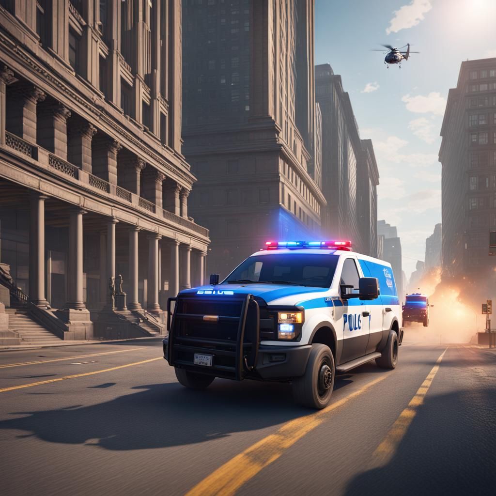 Police Cars Chase Fantastical Bank Truck in a Vibrant, Detai...