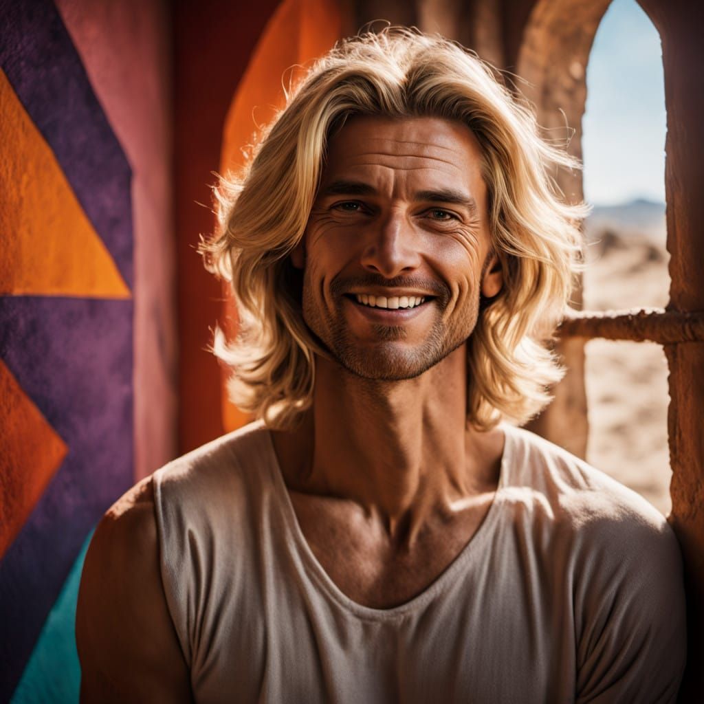 Handsome Blond Male Basks in Joyful Moment, 1960s-Inspired N...