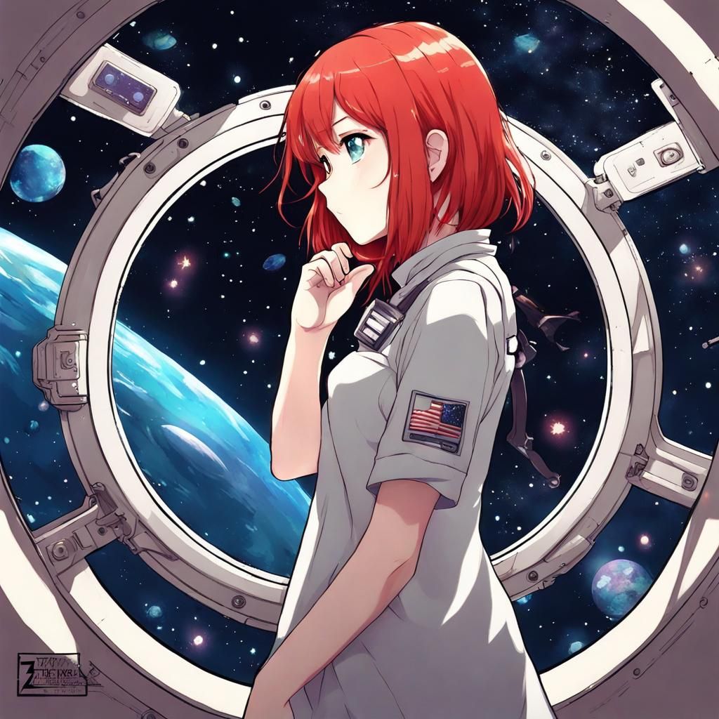 Cosmic Red Goddess in Anime-Inspired Spaceship Scene