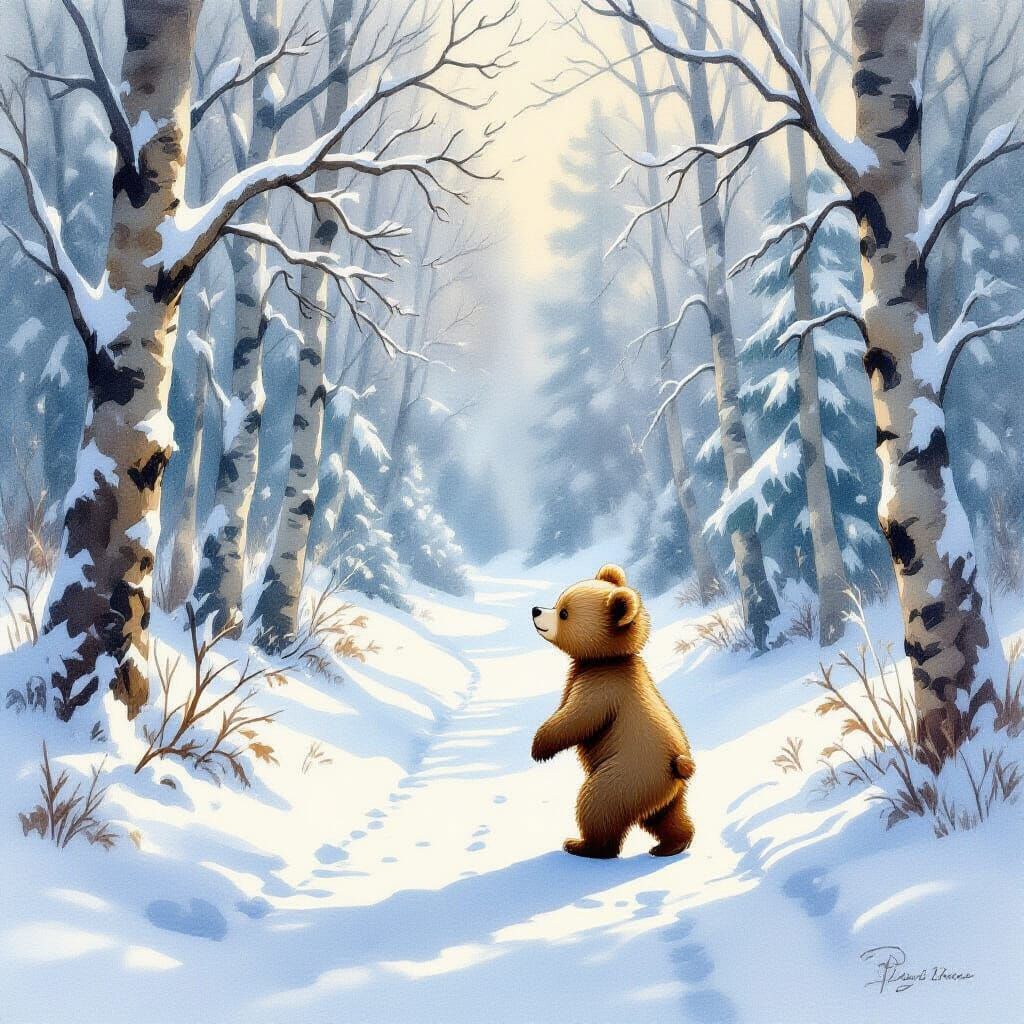 Charming Watercolor Bear Cub in Snowy Forest