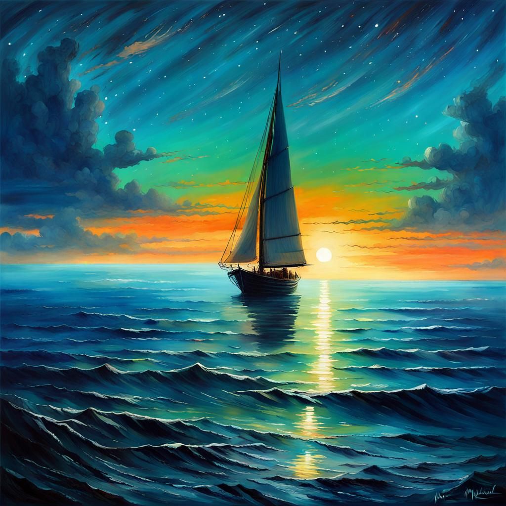 A Lonely Sailboat Gently Sails Through a Bioluminescent Dawn