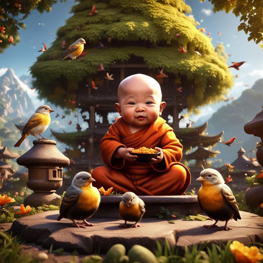 Joyful Baby Monk in Idyllic Village Garden Scene, Fantasy Ar...