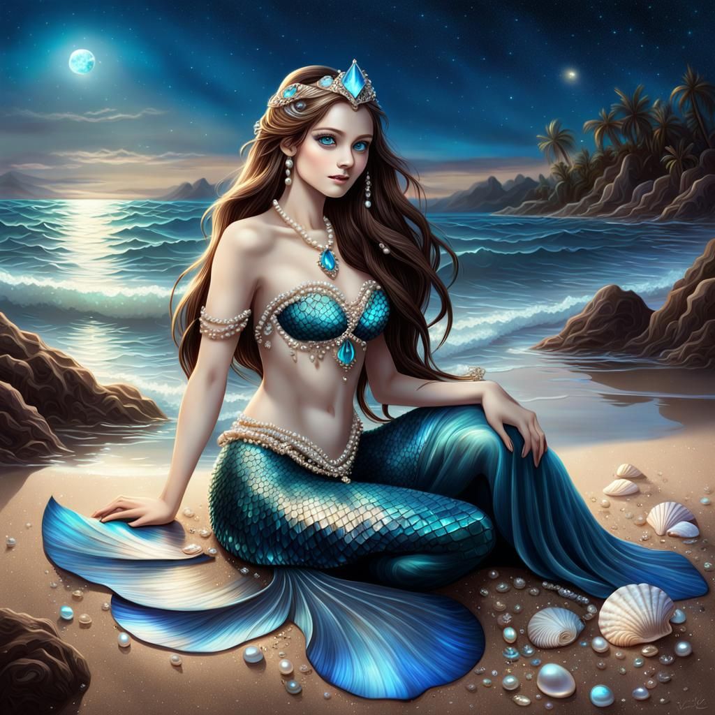 Glowing Mermaid Princess Adorned with Shells and Pearls