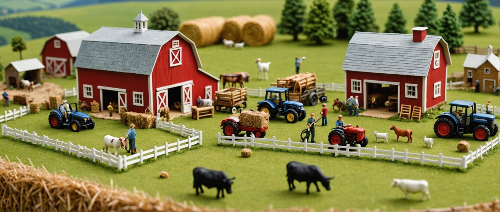 Miniature Farm Scene with Wooden Structures and Figurines