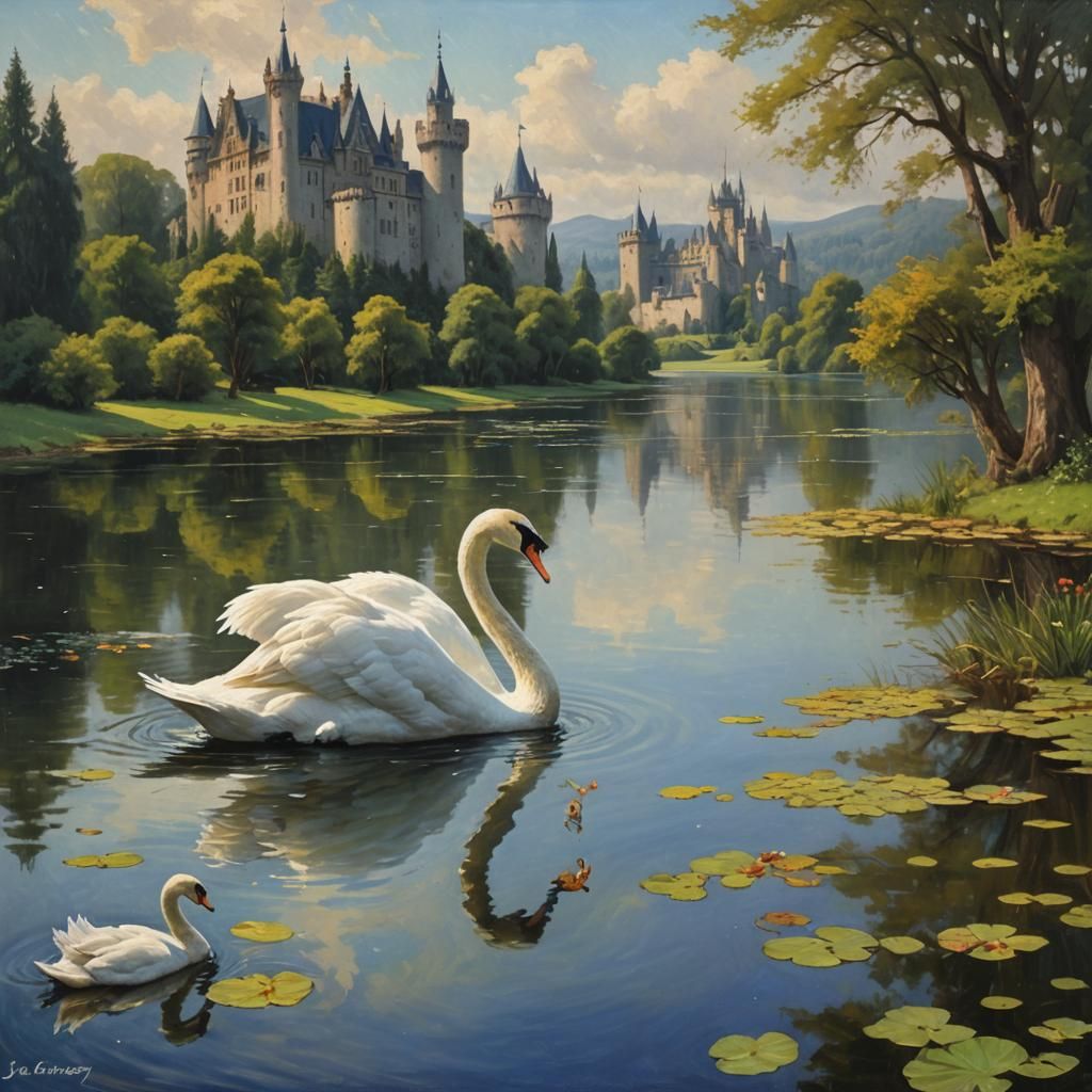 A beautiful swan was swimming in a lake in front of a Castle.