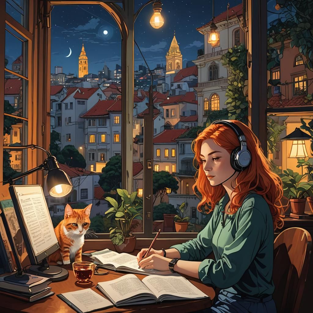 Lofi Girl Illuminated by Nighttime Cityscape