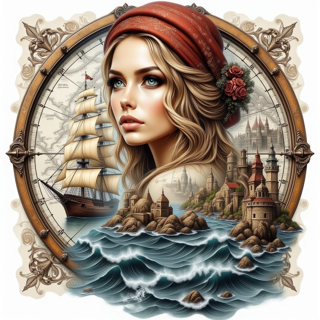 Steampunk Double Exposure Sketch of Sailing Ship and Woman