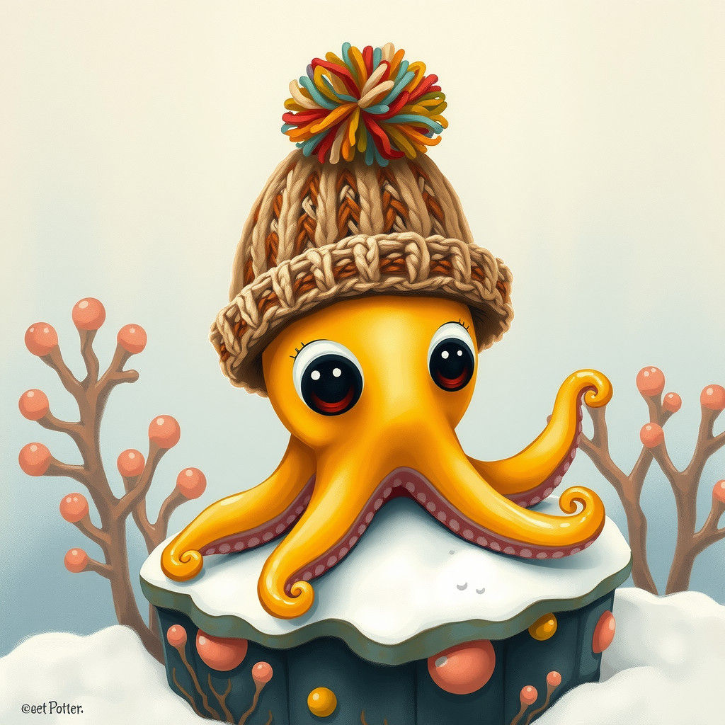 Cozy Winter Octopus in Whimsical Underwater Dream