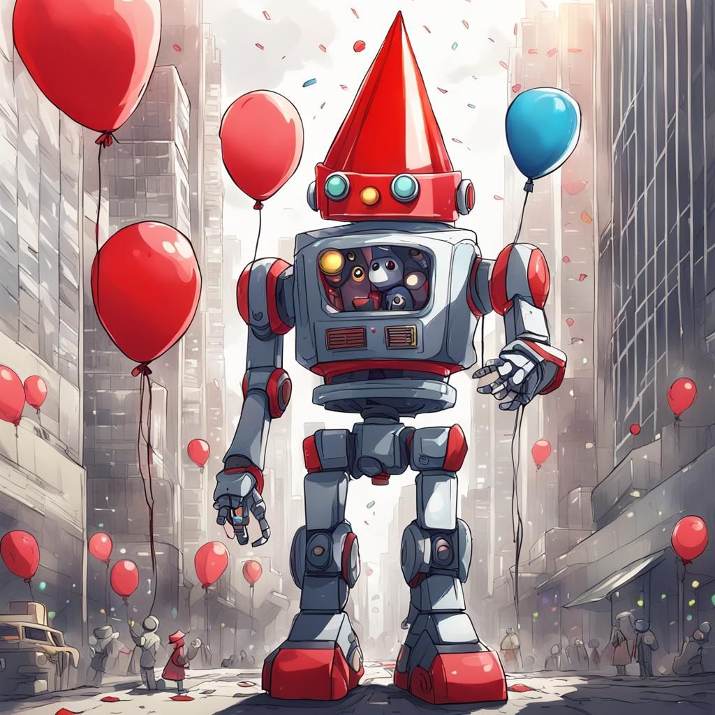 Robot Celebrates in Colorful Party Attire