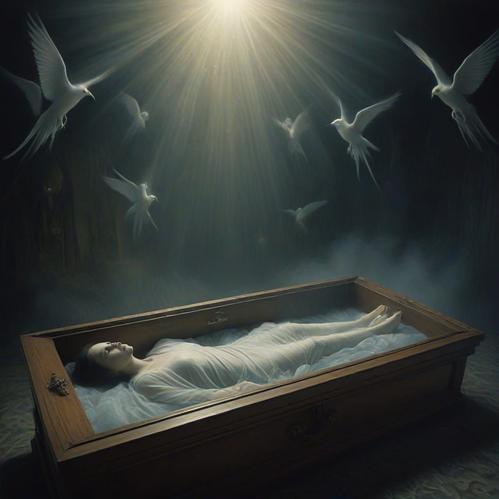 Surreal Oil Painting of Woman in Casket with Spectral Figure...