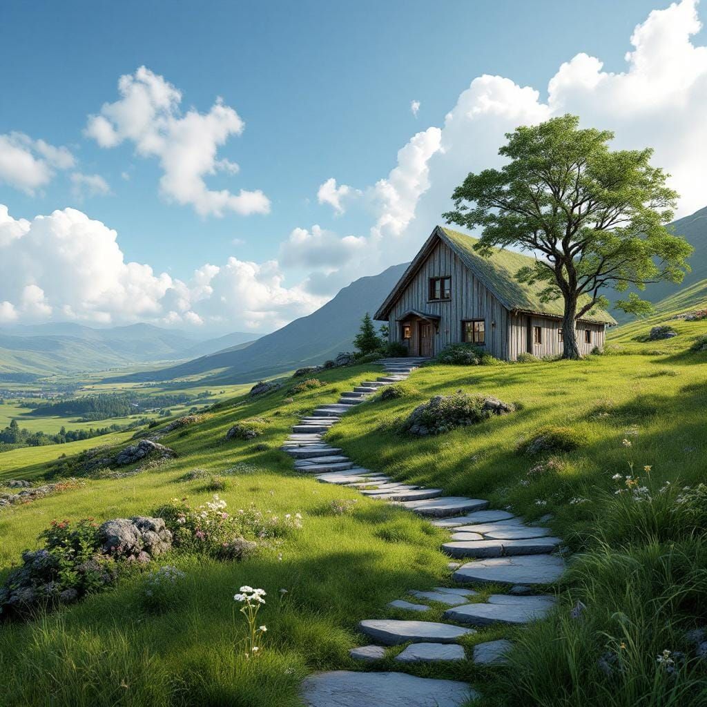 Rustic House on Green Hill in Photorealistic Style