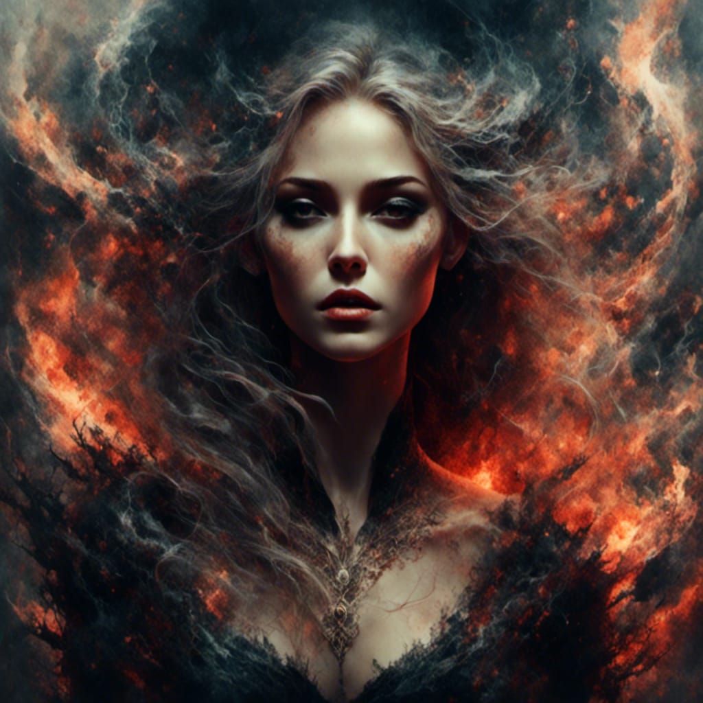 Witch in Macabre Art with Swirling Swirls and Tattoos