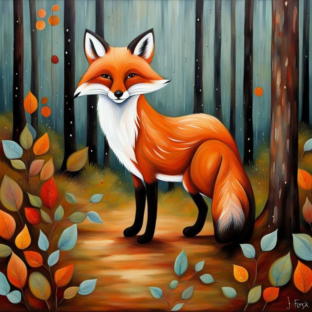 A Whimsical Folk Art Fox in Autumn Forest