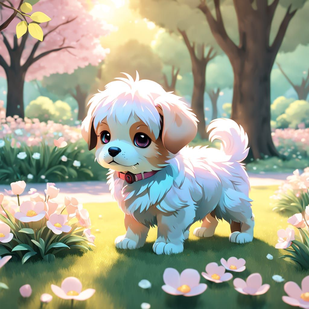 Pastel Wonderland: A Cute Puppy in Vibrant Park